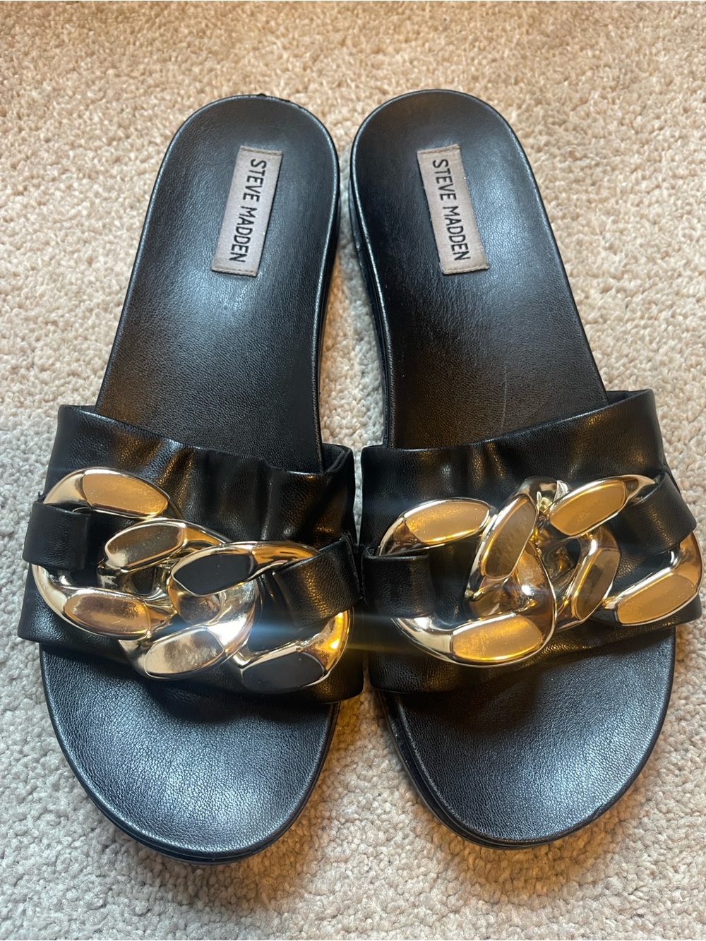 Steve Madden Black Slide Sandals with Gold Chain Detail